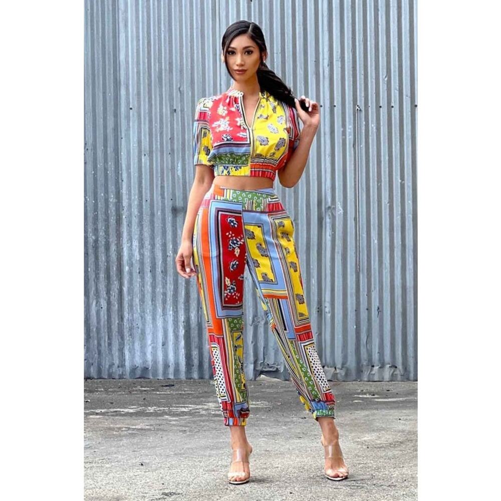 Satin effect Zip up 2-piece pants set-Small